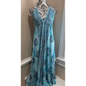 Bigg Bull Silk Blend Blue Tie Dye Mandala Halter Open Back Maxi Dress Tassels
